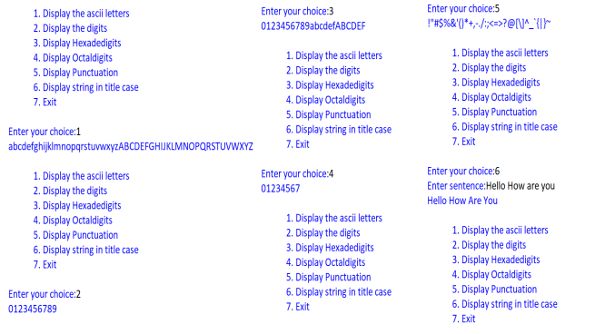 String Module Program Output showing menu options and various string operations